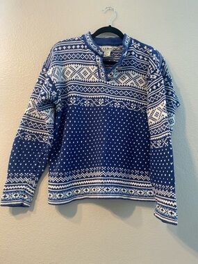 L.L. Bean Navy & White Fair Isle Henley 100% Cotton Sweater Size Small